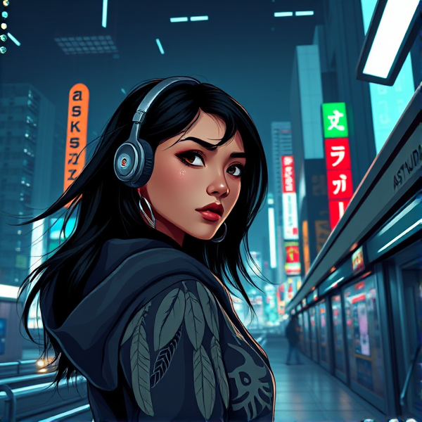 Create a 3D digital illustration featuring a Native American girl with flowing ebony hair, adorned in small tribal feather earrings. She's equipped with high-tech, conceptually designed headphones and sports a tribal-patterned hoodie (hood lowered) that hints at her heritage. As she glances back at us with a sultry, knowing gaze, desire in her eyes, she exits an underground subway station on the street level on the right side into an expansive, bustling night-time cityscape reminiscent of "Akira" or cyberpunk Tokyo. The metropolis should be filled with a myriad of vibrant neon Japanese holographic signs. At the top of this futuristic panorama, the words "ASTAUDIA PRODUCT" should be emblazoned in neon chrome using a retro-futuristic font.