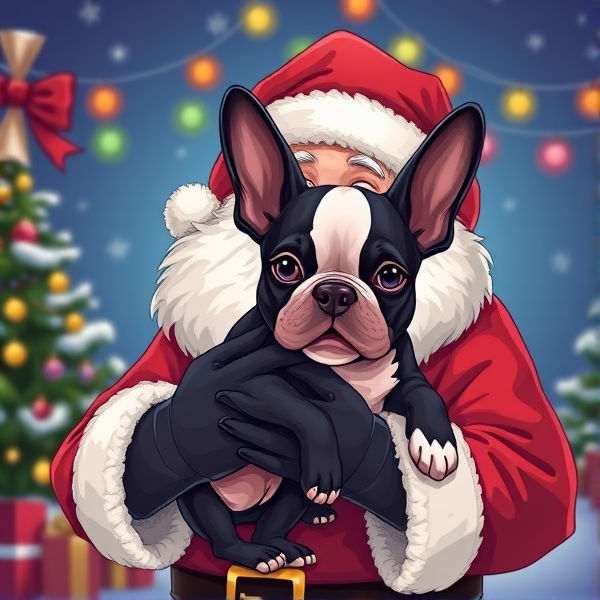 Illustration Santa holding a Boston terrier puppy with a Christmas background scene