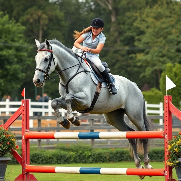 teen age girl jumping big dapple grey horse over a showjump oxer with full tack