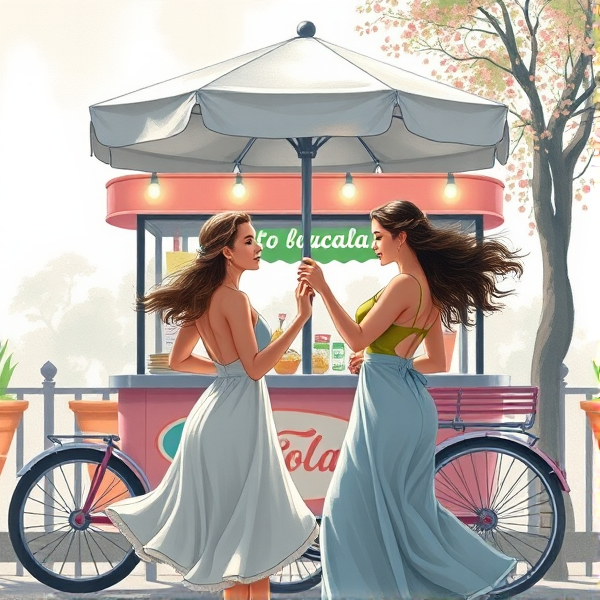 Je voudrai un dessin de deux jeunes et belles femmes qui danse devant un vélo ambulant de glace avec un parasol gris carré