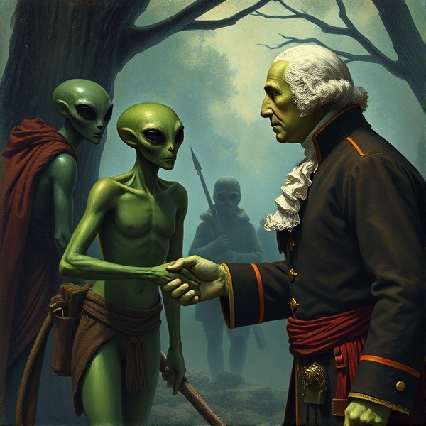 George Washington shaking a green aliens hand during wartime with a ufa in the back