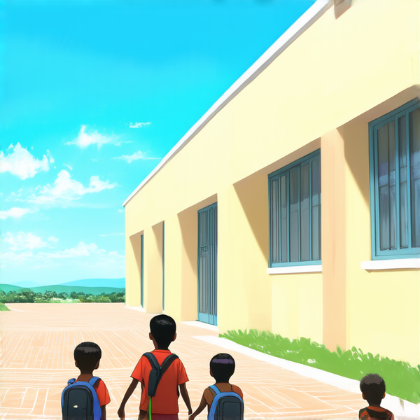 bâtiment d'une école primaire typique au gabon avec des enfants noirs avec des cartables jouant dans la cour, sous un ciel bleu clair