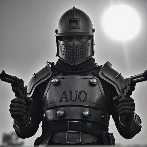 A detailed greyscale depiction of the iconic Australian outlaw Ned Kelly in his traditional armor and Ned Kelly helmet, the helmet is shaped like a trash can that has a rectangular slot for where the eyes can see. He stands defiantly with a pistol clutched in each hand. The chest piece is intricately engraved with the initials "AUO".