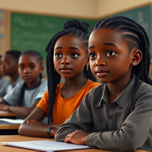 des filles noires avec des tresses africaine et garçons assis dans une classe face au tableau