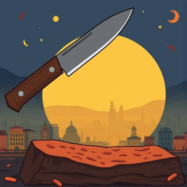 Thick Cut B writing 
Bologna cut with machete and city scape on background