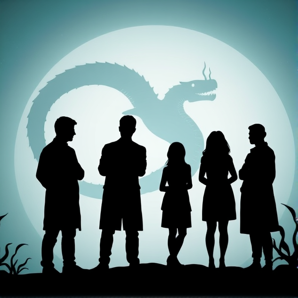 Silhouette was 5 scientists (4 male and 1 female) with a sea serpent in the background