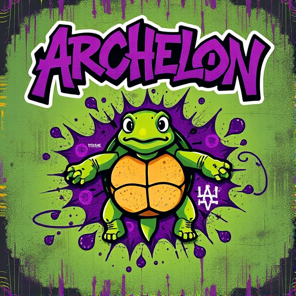 Album cover art featuring a stylized cartoon graffiti turtle centered on the canvas, surrounded by dynamic swirls and elements indicative of street art. Above the turtle, the word "Archelon" is emblazoned in bold, graffiti-style lettering that pops against a background rich in vibrant greens and purples, giving off an energetic urban vibe.