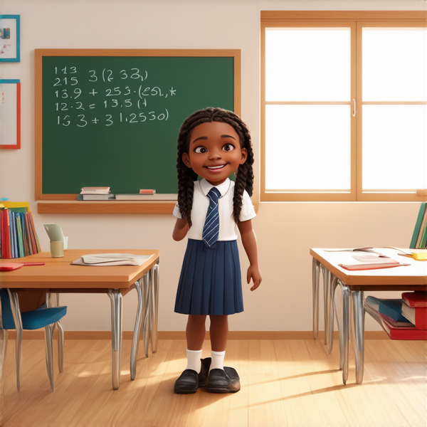 jeune fille noire de 10 ans, vêtue d'un uniforme scolaire des tresses africaines, debout souriante et concentrée devant un tableau noir rempli de calcul mathématique dans une salle de classe ensoleillée et colorée avec des bureaux en bois et des affiches éducatives sur les murs