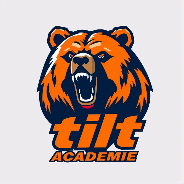Conception d'un logo pour une équipe de football de l'académie,  dominante couleur orange, style dynamique et moderne.Le nom est tilt académie .incluant les mot tilt académie stylé dans le logo.un logo parfait très stylé avec animal grizzly