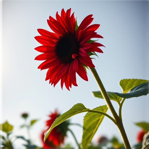 red and black sunflower facing the sky to the left and framed from a lowered side angle