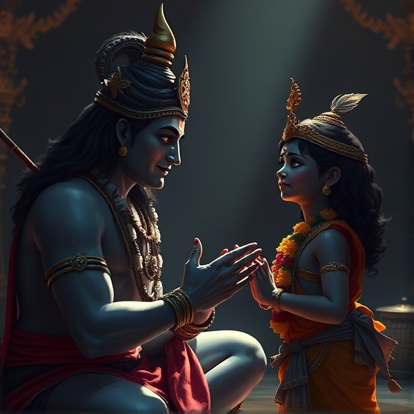 create an image of lord shiva meeting with little lord Krishna in gokul.
