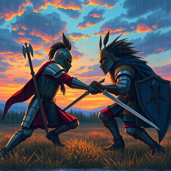 Twin brothers fighting each other in medieval armor on a raining battlefield at dusk.