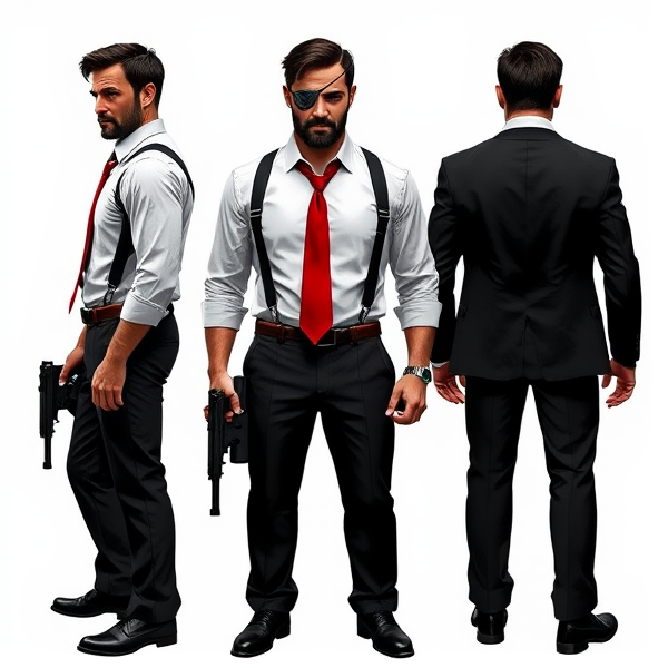 Full body image. John Abraham Marston: has short black hair, beard, scar across left eye, blind in left eye, wears eyepatch over left eye, white shirt, black pants with suspenders, red tie, black suit jacket, Kevlar lined, black dress shoes, has two desert eagle pistols, black with green glow sights.