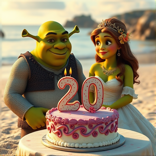 Shrek and Fiona have a wedding cake with the number 20 candle on the beach