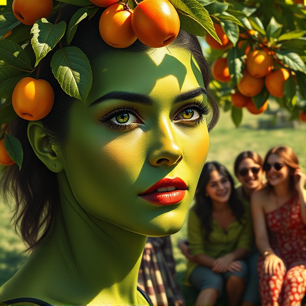 Portrait hyperréaliste d'une femme à la peau verte, les yeux brillants reflétant un sentiment de jalousie intense, qui observe avec une attention marquée un groupe d'amis éclatant de rire et savourant des instants heureux sous l'ombre d'un arbre généreux en fruits colorés et mûrs, au sein d'une clairière baignée de lumière solaire. La palette de couleurs est dominée par des saturations élevées avec des verts intenses et des nuances éclatantes qui mettent en contraste le teint envieux de la femme. L'éclairage naturel met en valeur les détails précis du visage ainsi que les textures diversifiées du feuillage et des fruits, engendrant un jeu d'ombres complexe sur la scène. La perspective adoptée est plongeante afin de souligner l'isolement ressenti par la femme face au groupe insouciant. Le style s'inspire de Caravaggio avec l'utilisation du clair-obscur pour amplifier la tension dramatique et l'émotion véhiculée par la scène