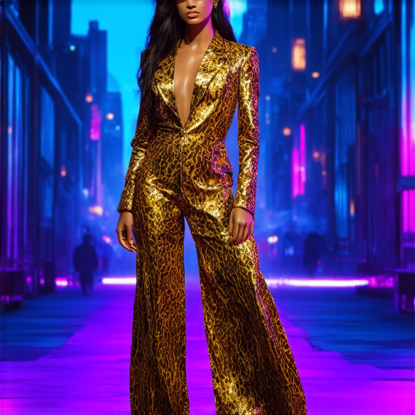 Mannequin raffiné arborant une tenue de haute couture avec des nuances dorées, éclairage stratégique soulignant les textures complexes et la richesse des étoffes