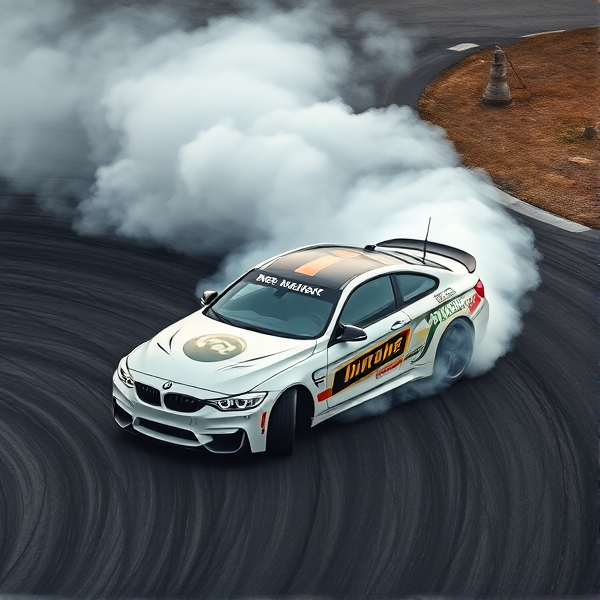 BMW M4 in a dynamic drift on an asphalt track with billowing tire smoke, aggressive stance, high speed action captured, detailed car livery showcasing sponsor logos, racing environment with trackside details like barriers and cones