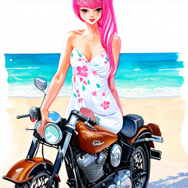 Aquarelle : Femme avec des cheveux rose fuchsia sur une harley noir roule sur le plage. elle porte une robe blanche à grosse fleur rose layette et un sac banane à main en cuir marron lanière rose et bleu et vert porté en bandoulière