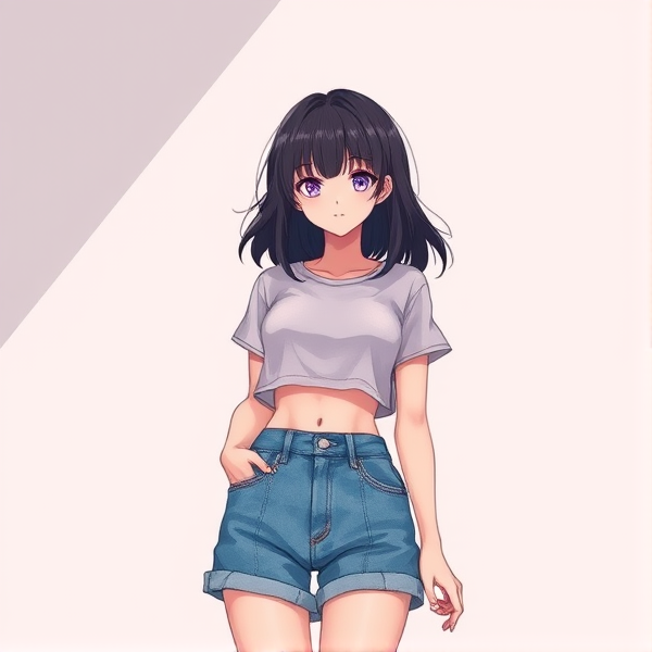 Cute black haired girl in a stylish crop top and cropped denim shorts, mid to late teens.