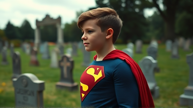 1990's Movie Scene: Jon Kent, AKA Superboy, the young little 12-year old super son of Superman, and the first kid to be born as the world's first Half-Kryptonian child, with an extremely muscular body, the iconic costume, the singular curled bang sticking out at the front of his flat and smooth hair, and a long cape, standing in a graveyard, visiting the grave of his legendary, deceased father, and promises to take his place in the world and carry on his legacy through himself.