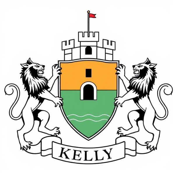 Kelly family crest. A shield with a castle and two lions on either side of the castle.