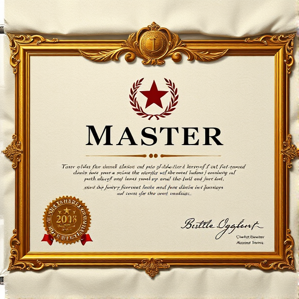 Prompt: Diplôme de Master élégant avec des bordures dorées sophistiquées, un sceau officiel en relief, une typographie classique et claire sur un fond en parchemin texturé, le tout présenté dans un cadre académique avec des livres et des symboles éducatifs