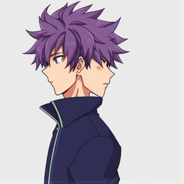 My hero academia oc. Purple fluffy hair. Male. Side view. Full body view