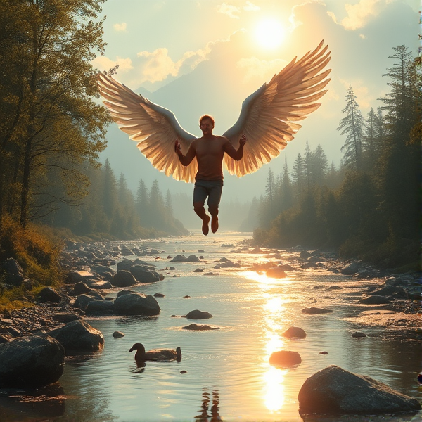 Tim hensons with angel wings by a heavenly river