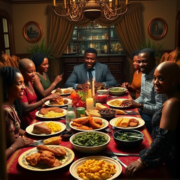 A lively African American family gathering around a richly adorned dinner table, sharing a traditional soul food meal with dishes such as fried chicken, collard greens, macaroni and cheese, cornbread, and sweet potato pie, all set in a warm and inviting dining room filled with laughter and storytelling