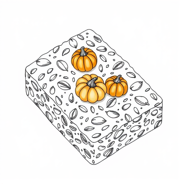 One Granola bar. Outline only. No colours just black and white for colouring in. It has oats, some seeds, small halloween pumpkins in it with no colours also. Everything should be black and white. Just the outline for a colouring book. The pumpkins should be coloured and they are small scattered all over the Granola bars