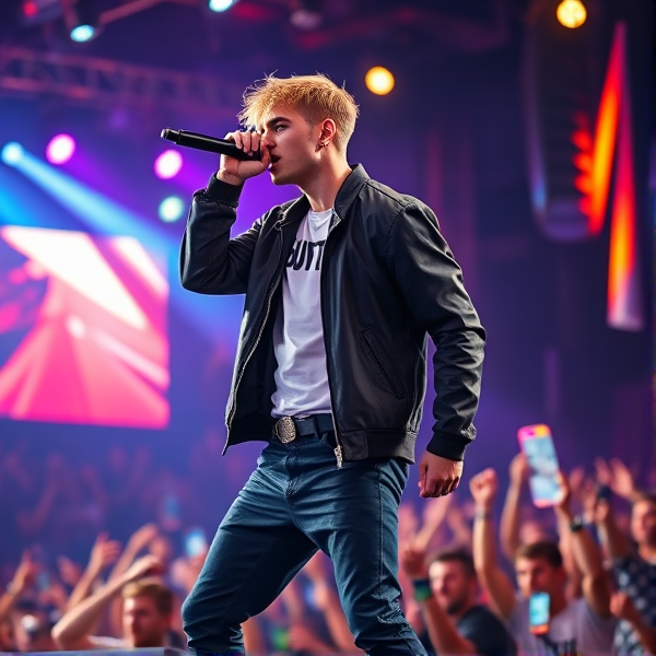 justin bieber in a stylish outfit performing on stage with vibrant lighting and an enthusiastic crowd in the background, high resolution, dynamic pose