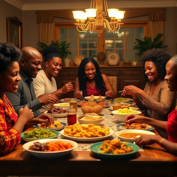 A lively African American big family gathering around a richly adorned dinner table, sharing a traditional soul food meal with dishes such as fried chicken, collard greens, macaroni and cheese, cornbread, and sweet potato pie, all set in a warm and inviting dining room filled with laughter and storytelling