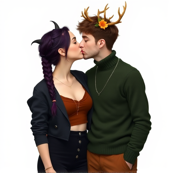 A woman with fair skin and dark dark purple hair braided into a single braid. She has short small black horns that barely poke out past her hair. She has a gold necklace. She wears a cropped black jacket with silver buttons, a brown crop top underneath, and high waist black pants. Next to her is a pale skinned man, slightly taller than her, with short brown very curly hair. He has deer antlers with flowers on then and a deer nose. He has a silver necklace. He wears a green turtleneck and brown pants. They are in love, kissing one another