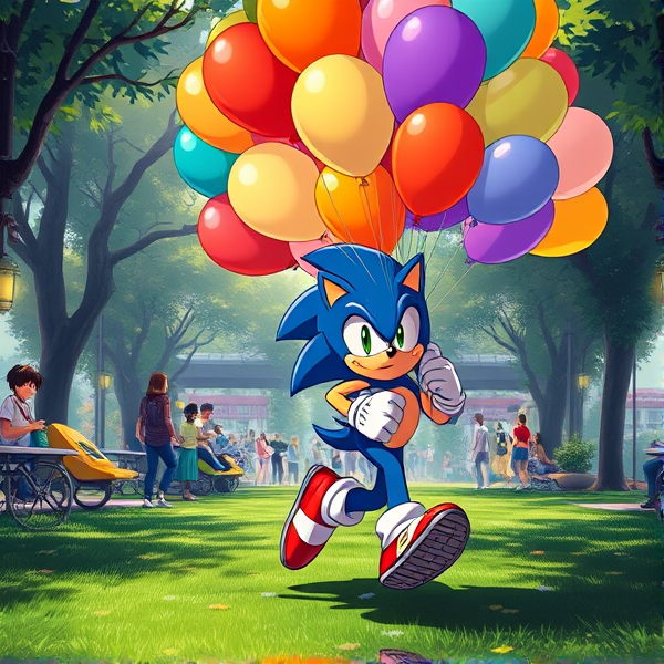 Sonic the Hedgehog captured mid-stride in a dynamic running pose, gripping a vivid collection of assorted balloons 500 each measuring 16 inches, amid a bustling park filled with activity and greenery, all illustrated in a richly saturated anime art style