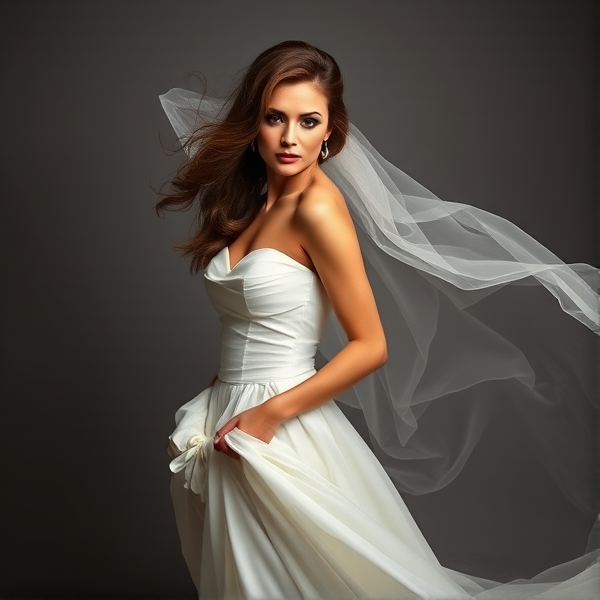Elegant brunette with wavy hair gracefully diminishing in size within her flowing bridal gown, capturing a whimsical moment as the dress becomes oversized around her slender frame