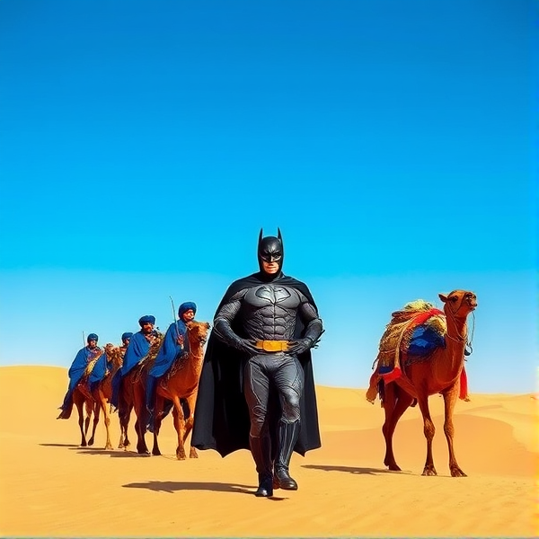 Dans l'immense désert du Sahara oriental, un groupe de Touaregs vêtus de leurs robes bleues traditionnelles avance solennellement à travers les étendues ondulantes de dunes de sable doré. Le ciel est d'un azur pur et sans nuage. Les nomades échangent des objets de valeur tels que des bijoux en argent scintillant et des épices aux senteurs envoûtantes, tout en menant une caravane élégante de chameaux chargés d'une variété de marchandises colorées. Au sein du cortège se distingue une figure inhabituelle : Batman, le chevalier noir, revêtu de son costume emblématique noir et gris avec une cape qui flotte au gré du vent chaud du désert. Il accompagne la procession des Touaregs dans un esprit d'échange culturel et d'aventure inattendue, ses équipements technologiques modernes contrastant fortement avec le cadre ancestral et les traditions des peuples nomades.