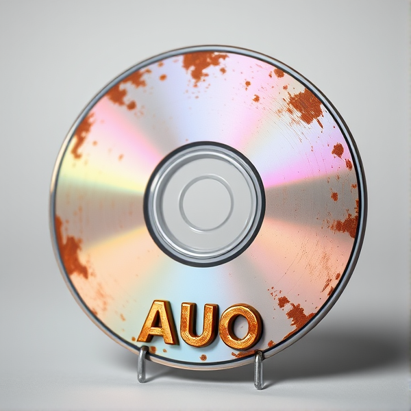 A weathered, oxidized compact disc with  "AUO" letters, placed just below centre. The CD is angled to catch the light, emphasizing its rustic texture.