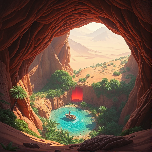Create an image of a giant hole opening down in a lush oasis in hte sahara desert. The hole must have a red glow coming out