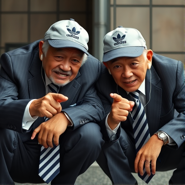 Deux vieux  hommes d'affaires japonais puissants accroupis, portant des casquettes Adidas et des cravates rayées longues et des oreillettes Apple  Leurs visages affichent un regard fâché et hypnotique et furieux  pointing , regard dominant, sourcils levés, envoûtant
Une casquette à l envers