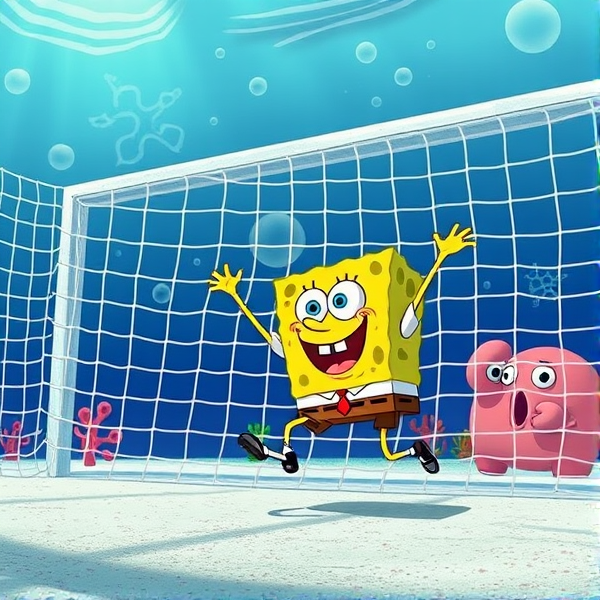 Sponge bob scoring in top right of goal