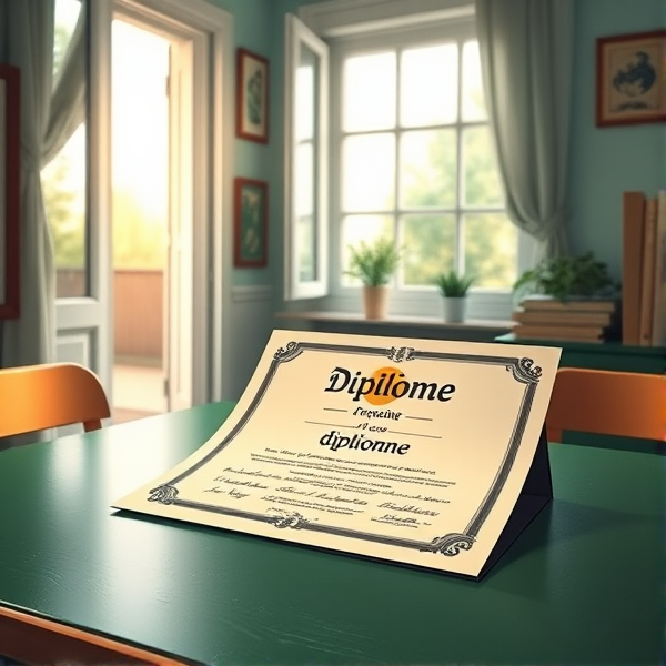 diplôme posé soigneusement sur une table verte avec l'inscription diplôme en français lumière douce de matin filtrant par une fenêtre ouverte, ambiance studieuse