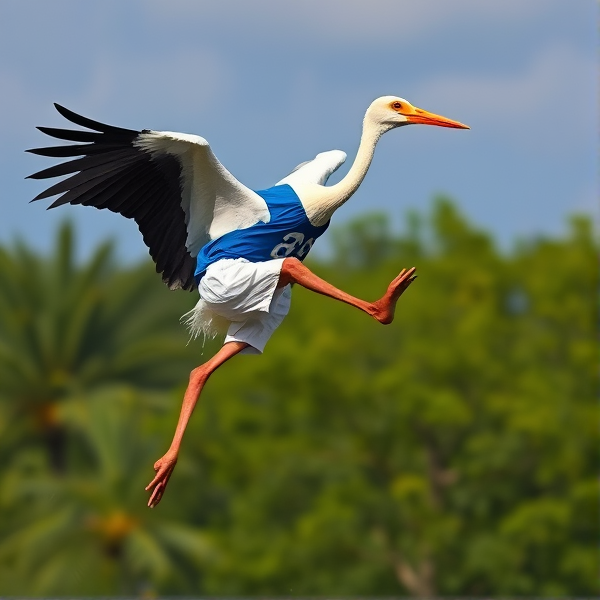 Une cigogne avec un maillot bleu et short blanc qui donne un coup de pied en l’air
