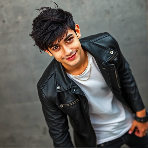A smirking bad boy with jet-black hair styled in a tousled manner, piercing brown eyes with a hint of mischief, sporting a leather jacket over a casual white t-shirt, ripped jeans and black motorcycle boots, his stance exudes confidence and rebellious charm