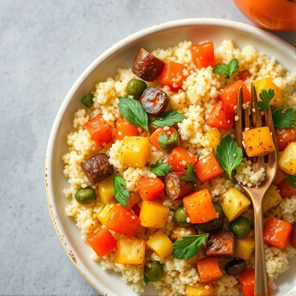 Vegetable Couscous : overhead shot of A vibrant medley of seasonal vegetables cooked to perfection and served over fluffy couscous