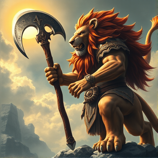 Un Lion barbare dieux du soleil une hache de guerre comme Léo escanor, avec des poils de lion et une carrure imposante