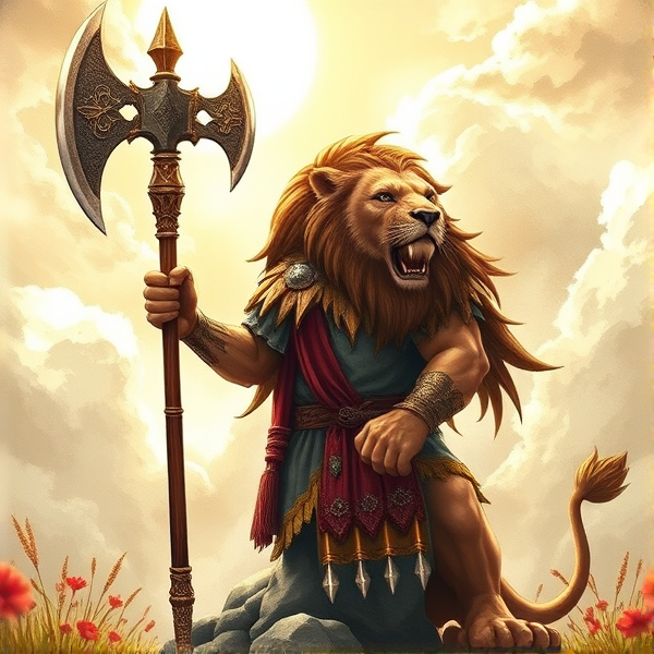 Un Lion barbare dieux du soleil une hache de guerre comme Léo escanor