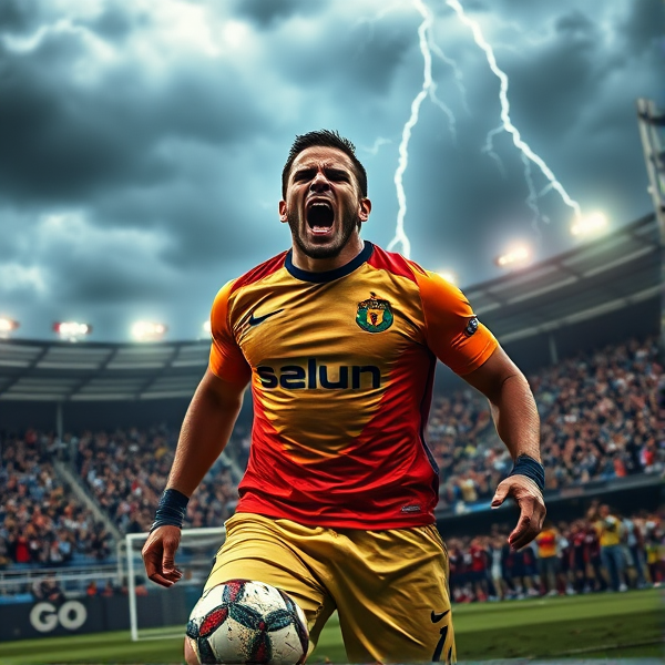 Gagnant au soccer, la rage dans les yeux, expression intense de victoire, muscles saillants, maillot trempé de sueur, un ciel tumultueux en arrière-plan avec des éclairs symbolisant le triomphe, public en délire dans les gradins, ballon de football à ses pieds couvert de boue