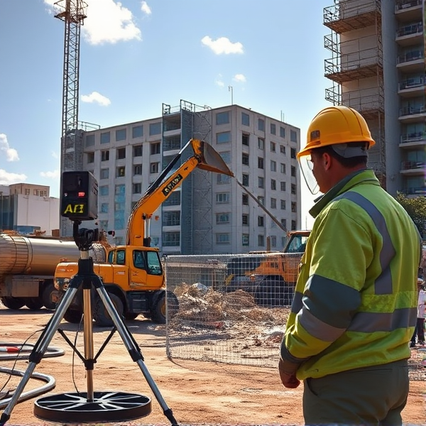 Setting up as airborne asbestos fibre monitoring pumps on asbestos removal job site. The work being at Taken is a viable enclosure being constructed around a demolition site in the photo is temporary fencing trucks excavators, and Asbestos assessor overseeing the site.