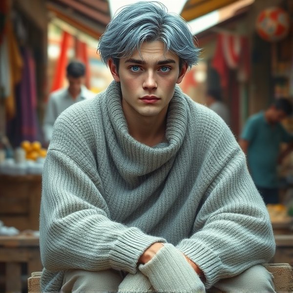 Envision a young man who is the very personification of the sin of sloth, his complexion deathly pale. His hair, a disheveled cascade of light blue, falls carelessly around his face which houses a pair of deep blue eyes, underscored by dark circles that speak volumes of his perpetual weariness. His mouth is etched into an expression that's neither here nor there – the epitome of apathetic exhaustion. This figure is swathed in an oversized sweater that seems to engulf his frame in its folds; over this, he drapes a loose-fitting robe that adds to his slovenly aura. He sits slouched on an old wooden crate at odds with the vibrant energy around him, amidst the cacophony and color of a marketplace in full swing, yet he remains untouched by its vitality as if existing in a bubble of lethargy
