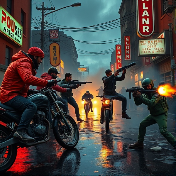 An atmospheric urban battle scene at twilight where two rival gangs face off on a slick, rain-drenched street. The first gang sports vivid red leather jackets and bandanas, armed with custom bikes and high-tech weaponry, while their opponents clad in various green hues boast military armor and wield state-of-the-art plasma rifles. The setting is a decayed metropolis alive with the frenzy of battle: dynamic streaks of gunfire, thick plumes of smoke from detonations, fragmented glass capturing the turmoil. Neon signs flicker sporadically above as combatants strike dramatic poses—vaulting over debris, clashing in visceral close-quarters combat, and utilizing the surroundings tactically for supremacy. Illumination comes from an unsettling mix of streetlamps' gloomy radiance and stark muzzle flashes, highlighting the intense expressions of warriors intent on victory.